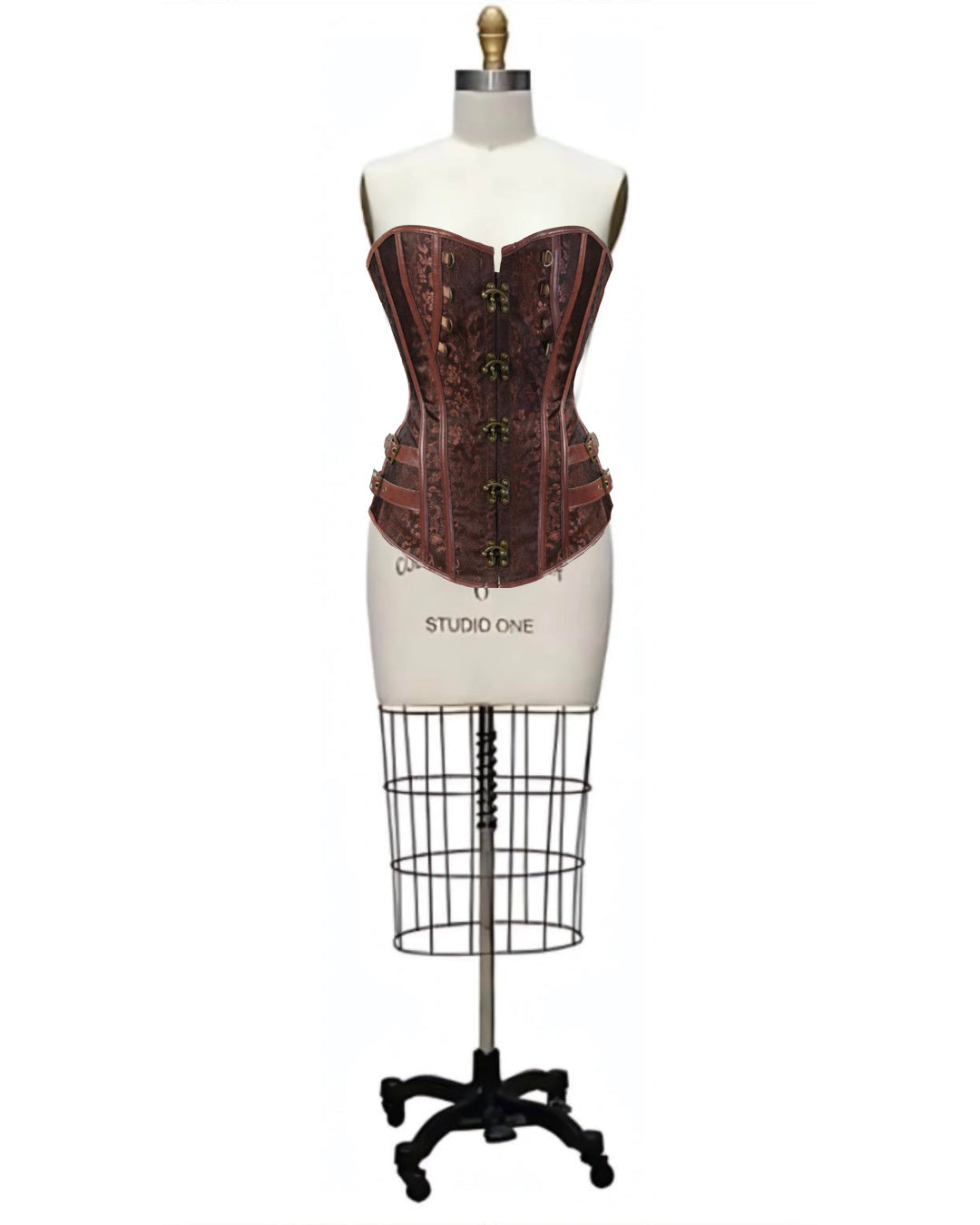 Swashbuckled- the Buckle Trimmed Faux Leather & Damask Corset Top 3 Colors Plus Sizes