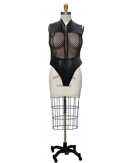 O-Ring- the Mesh Paneled Faux Leather Zip Front Bodysuit Plus Sizes