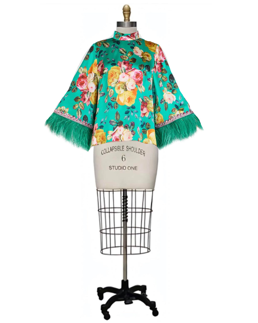 Mazzo- the Rose Bouquet Print Satin Blouse with Feather Cuffs 3 Color Ways