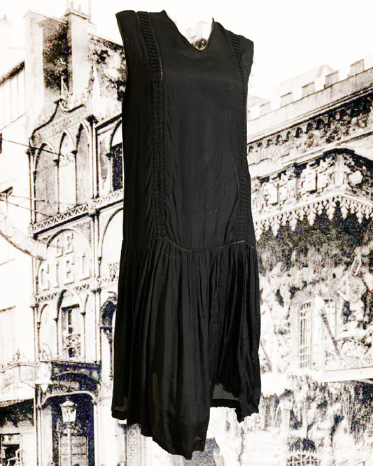 Black Silk Sleeveless Dress with Pin Tucks circa 1920s