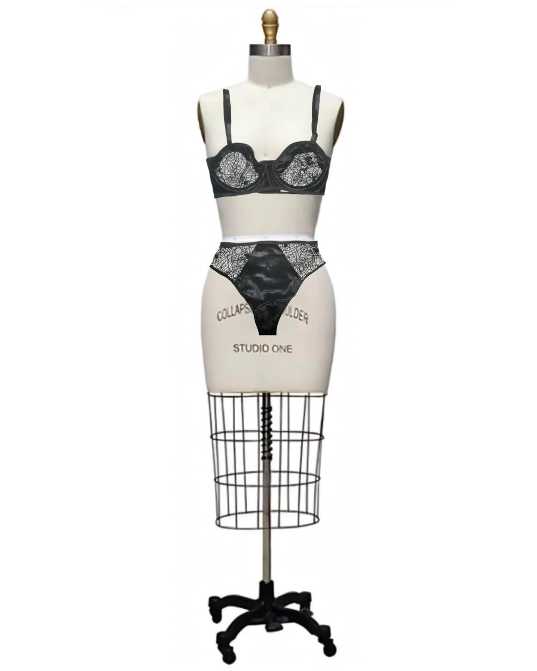Mary Jane- the Spider Web Print Black Satin Bra and Panty Set