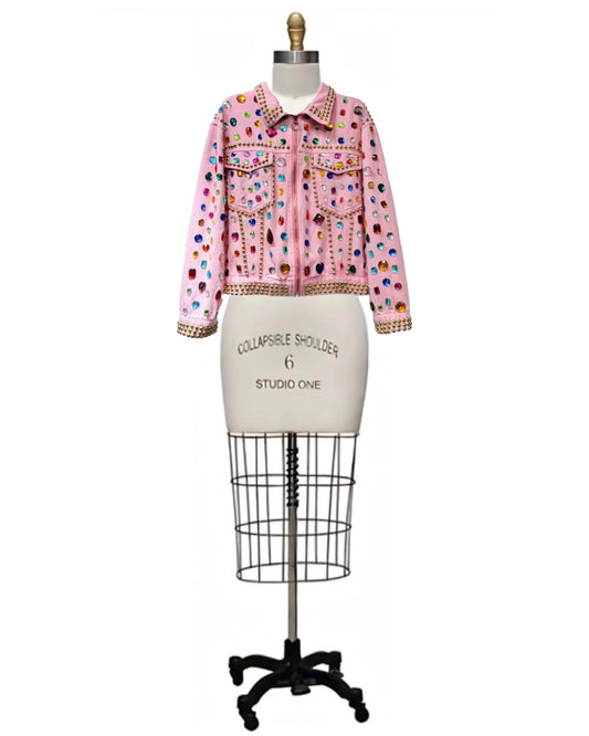 Stella- the Pink Bedazzled Zip Front Denim Y2K Inspired Jacket