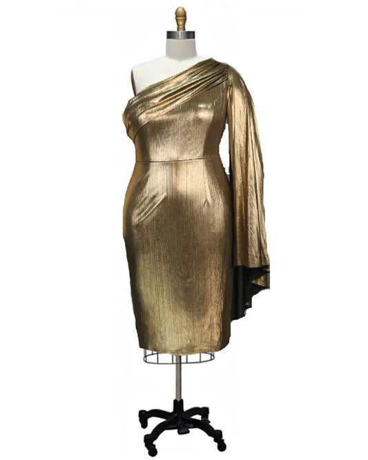 Gold Shoulder- the Golden Metallic One Shoulder Cocktail Dress Plus Sizes