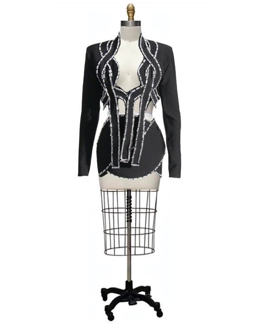 Fran- the Bugle Bead Trimmed Tuxedo Inspired Mini Dress Suit Set