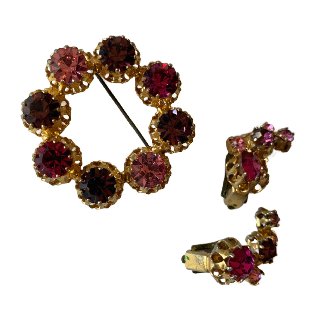 Pink and Purple Austrian Crystal Wreath Brooch and Earrings Set circa 1960s