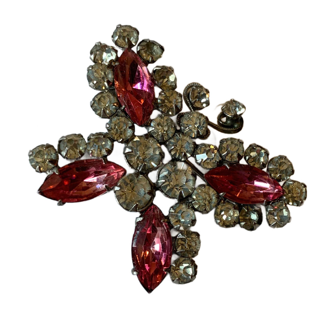 Delightful Pink and Clear Rhinestone Butterfly Brooch circa 1940s