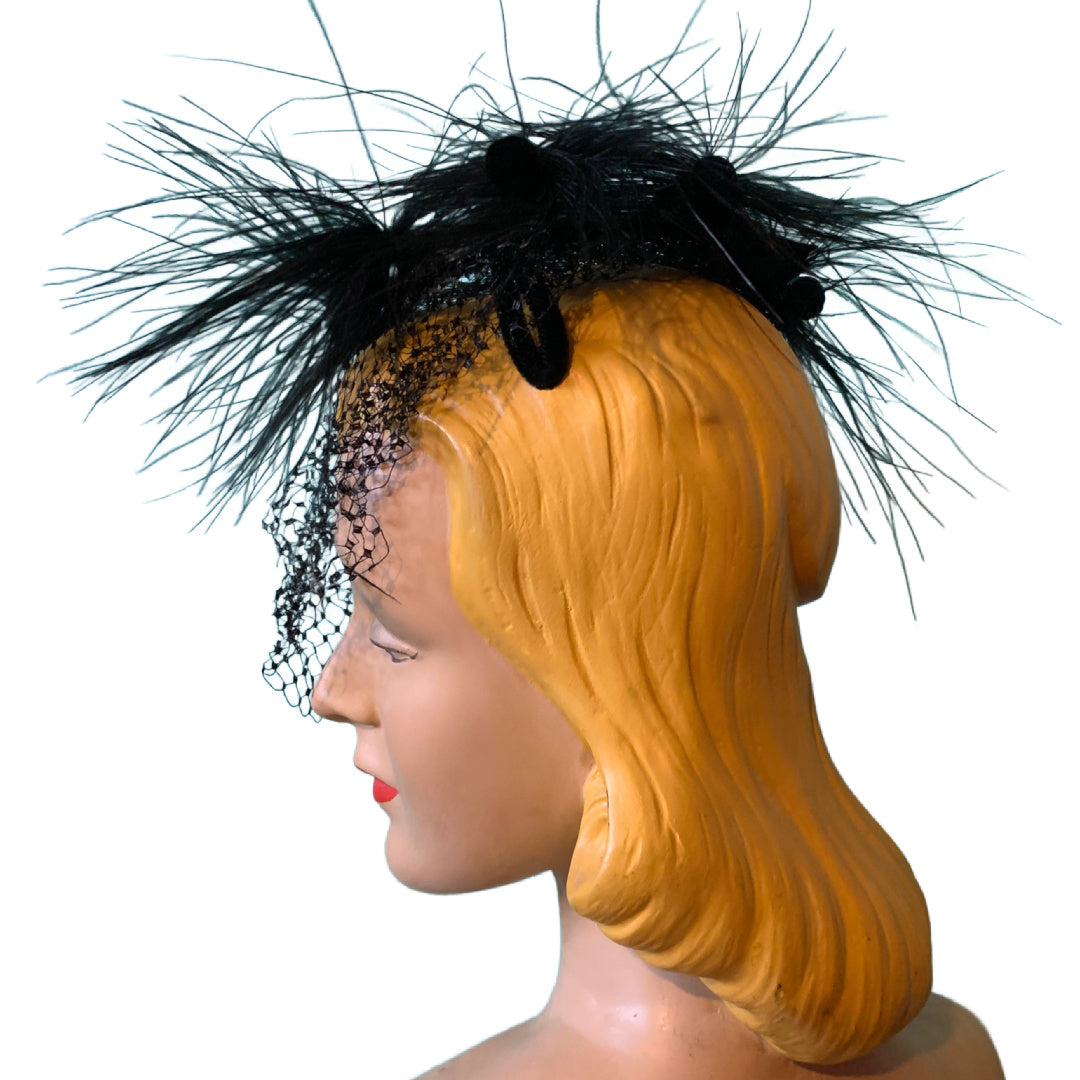 Black Spidery Feather and Velvet Halo Cocktail Hat circa 1960s