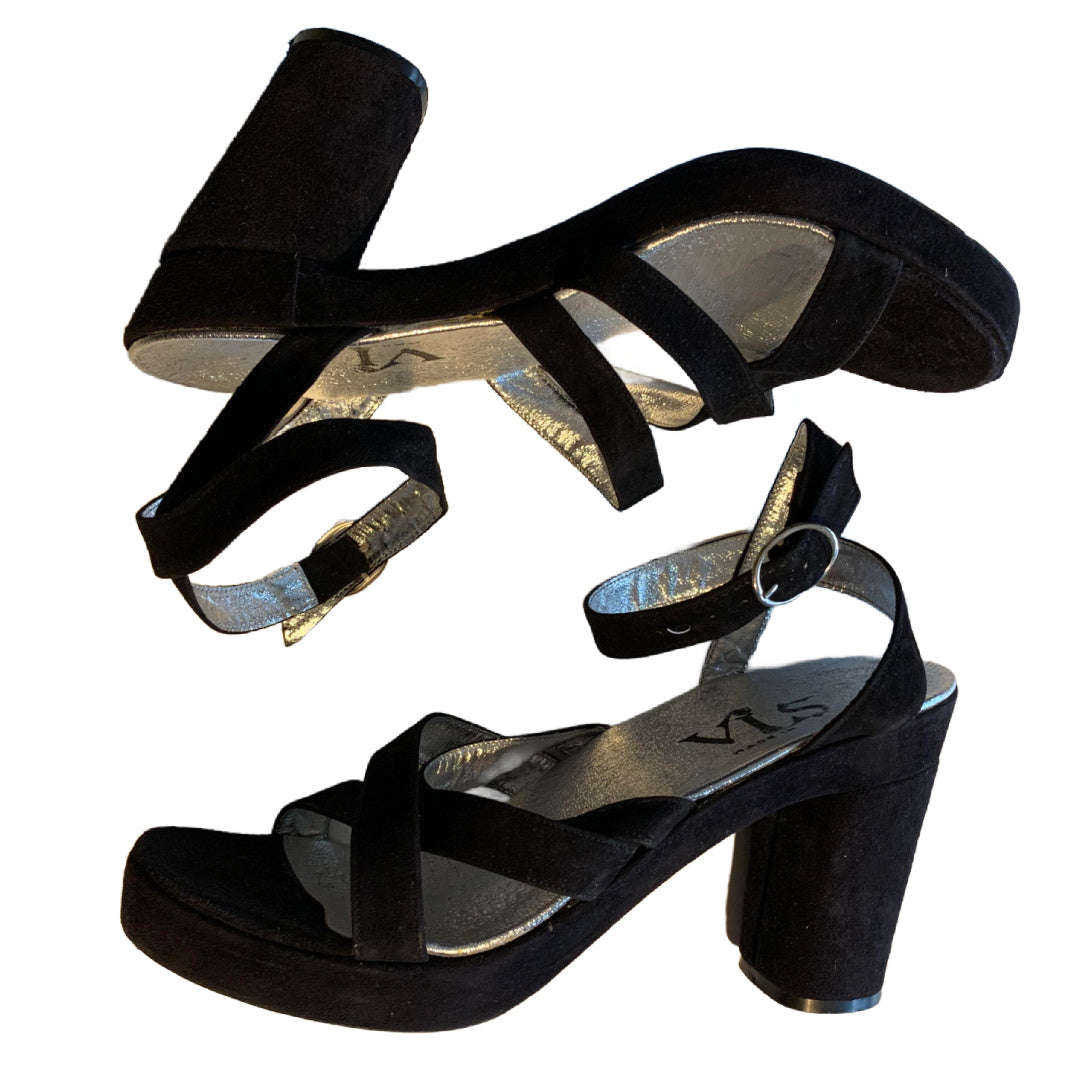 Strappy Black and Metallic Silver Ankle Wrap Suede Platform Shoes circa 1970s 9.5