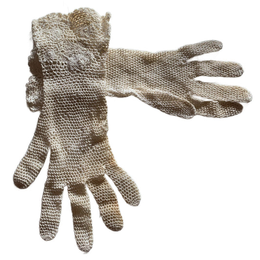 Soft Ivory Crochet Gloves with Floral Cuffs circa 1910s