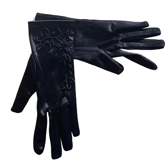 Black. Satin Beaded Satin Finish Nylon Gloves circa 1960s