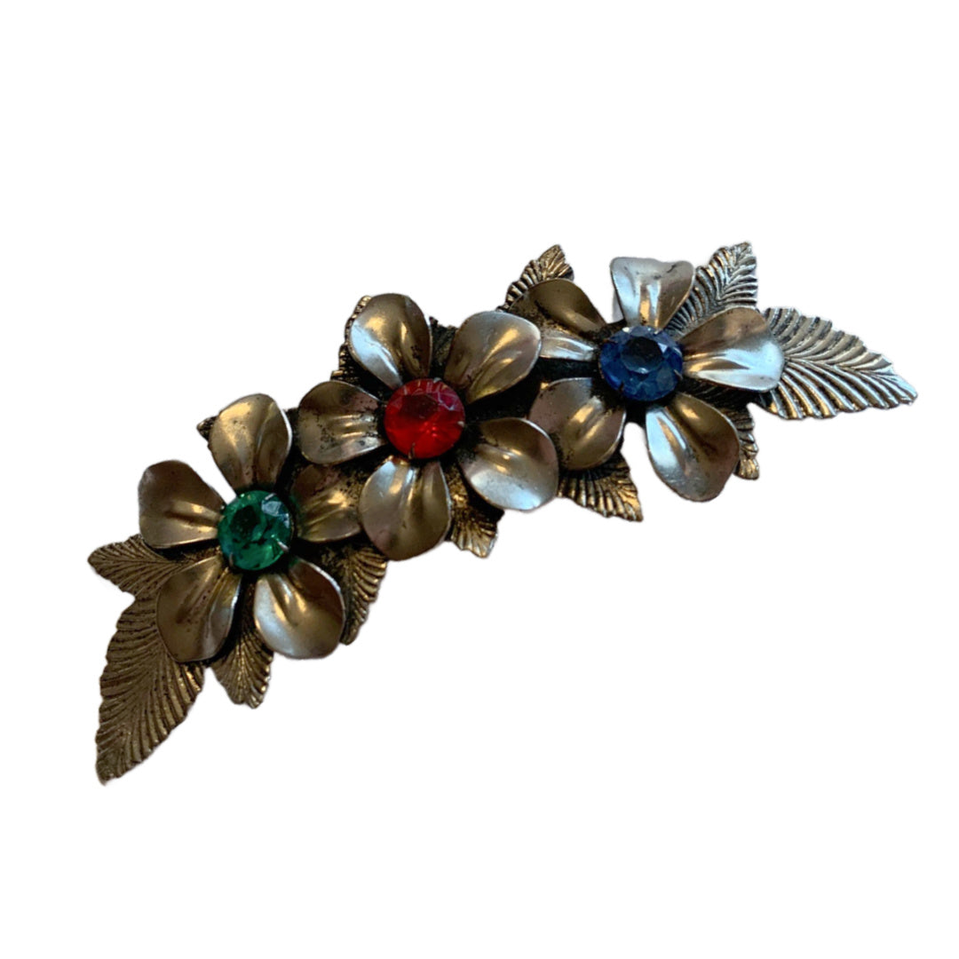 Curved Etched Silver Garland Brooch with Colored Glass circa 1890s