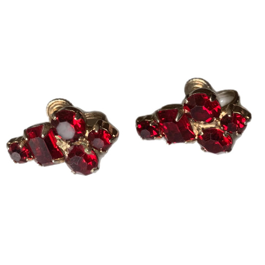 Sparkling Rose Red Rhinestone Earrings circa 1940s