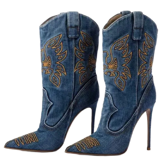 Stitched- the Top Stitched Western Style Blue Denim High Heeled Boots