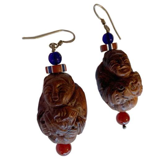 Carved Wooden Buddha and Bead Earrings circa 1980s