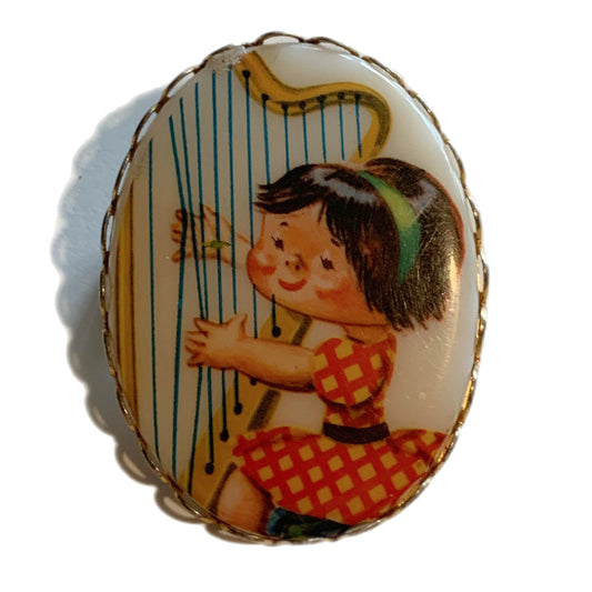Darling Harp Playing Little Girl Porcelain Brooch circa 1960s
