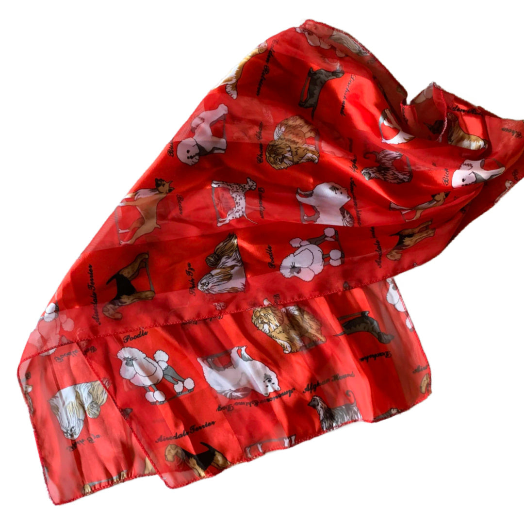 Bright Red Oblong Scarf with Dog Breed Novelty Print circa 1990s