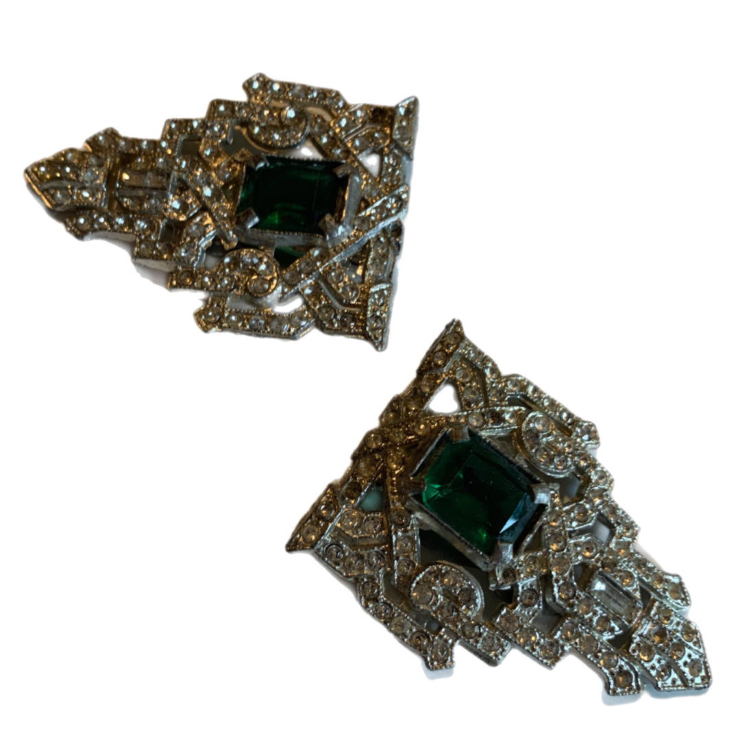 Emerald Green Glass and Rhinestones Set of Fur Clips circa 1930s