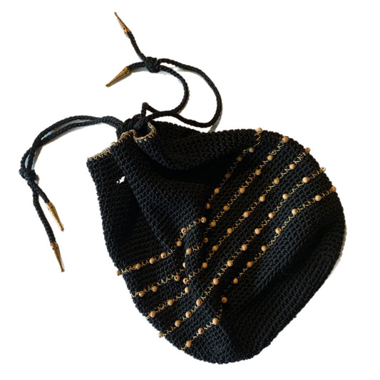 Black Crochet Beaded Pouch Style Handbag circa 1940s