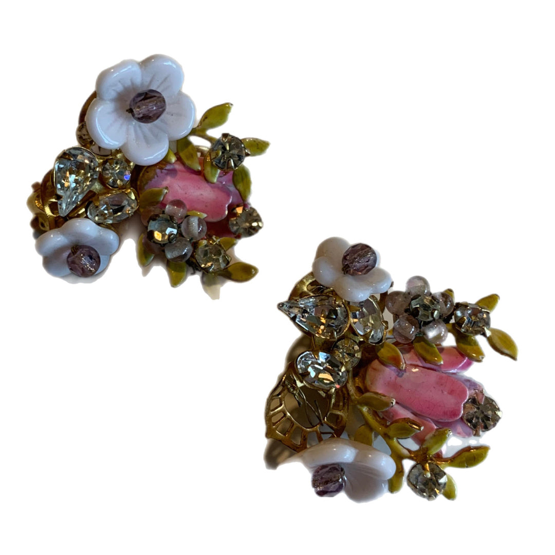 Milk Glass and Rhinestones Pastel Floral Cluster Clip Earrings circa 1950s