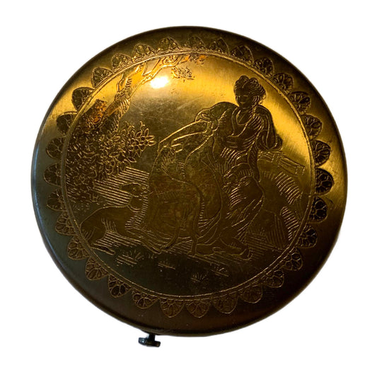 Golden Art Nouveau Lady and Dog Etched Round Powder Compact circa 1920s