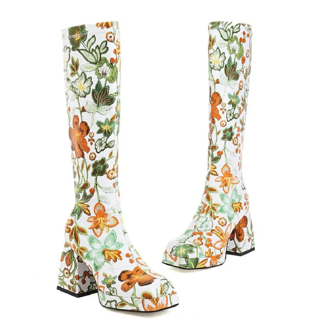Cynthia- the 70s Inspired Floral Design Go Go Boots 2 Color Ways