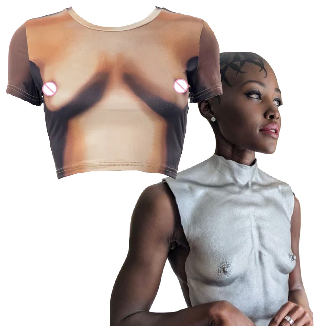 Nude- the Bare Chest Body Print Cropped Tee Shirt
