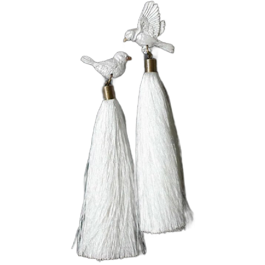 Peace- the White Dove Long Tassel Earrings 5"