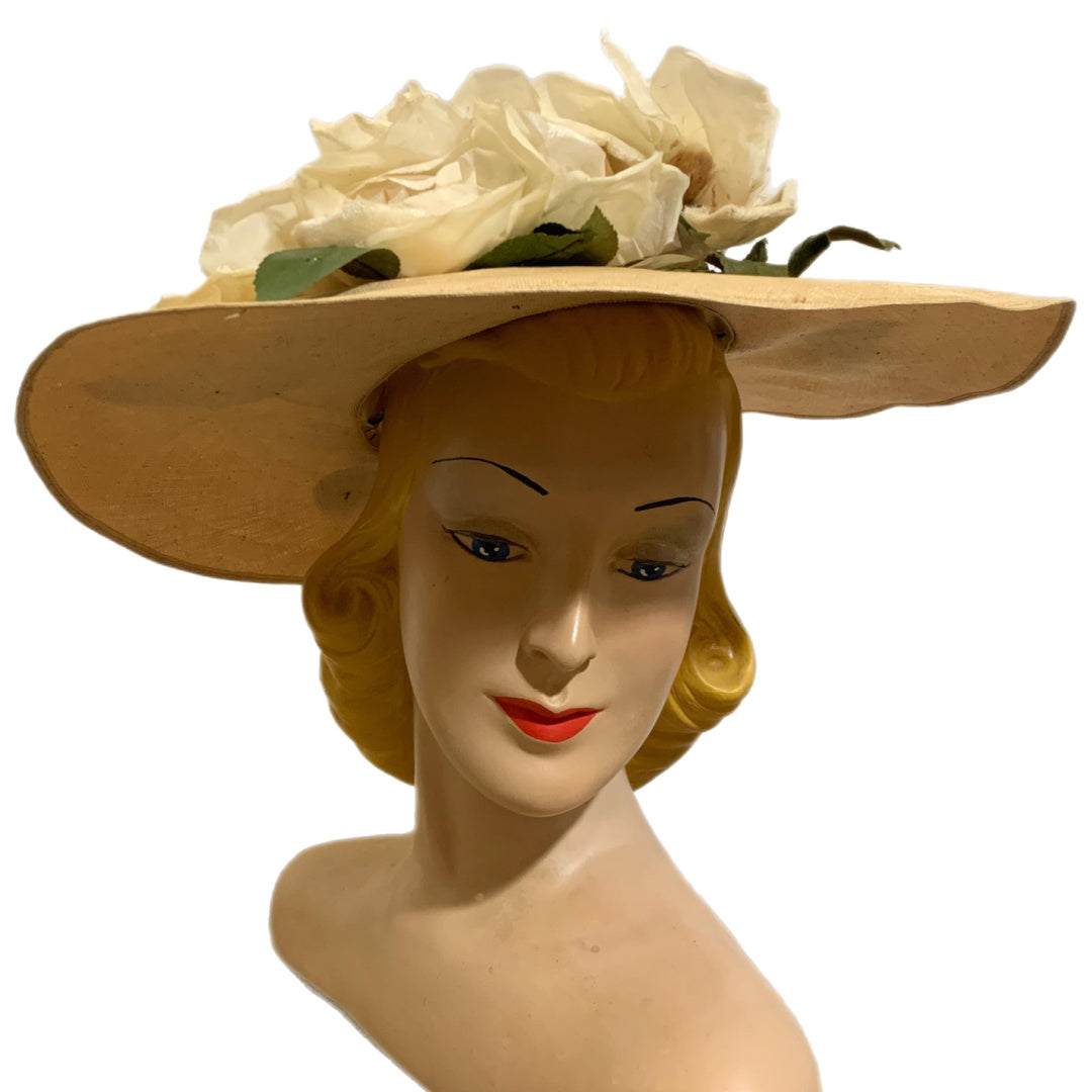 Natural Colored Open Crown Wide Brim Hat with Roses circa 1940s