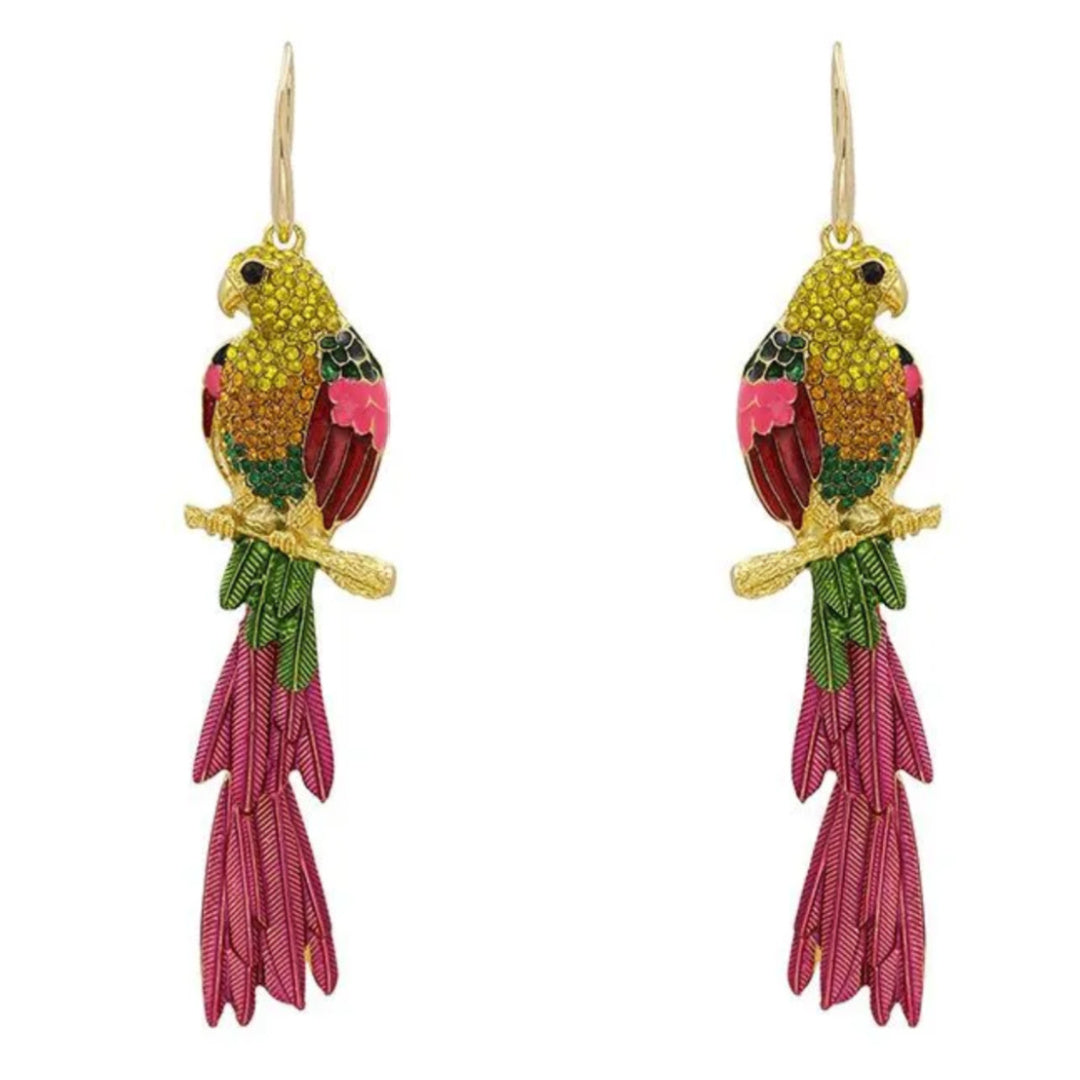 Jimmy- the Rhinestone Dangling Parrot Earrings