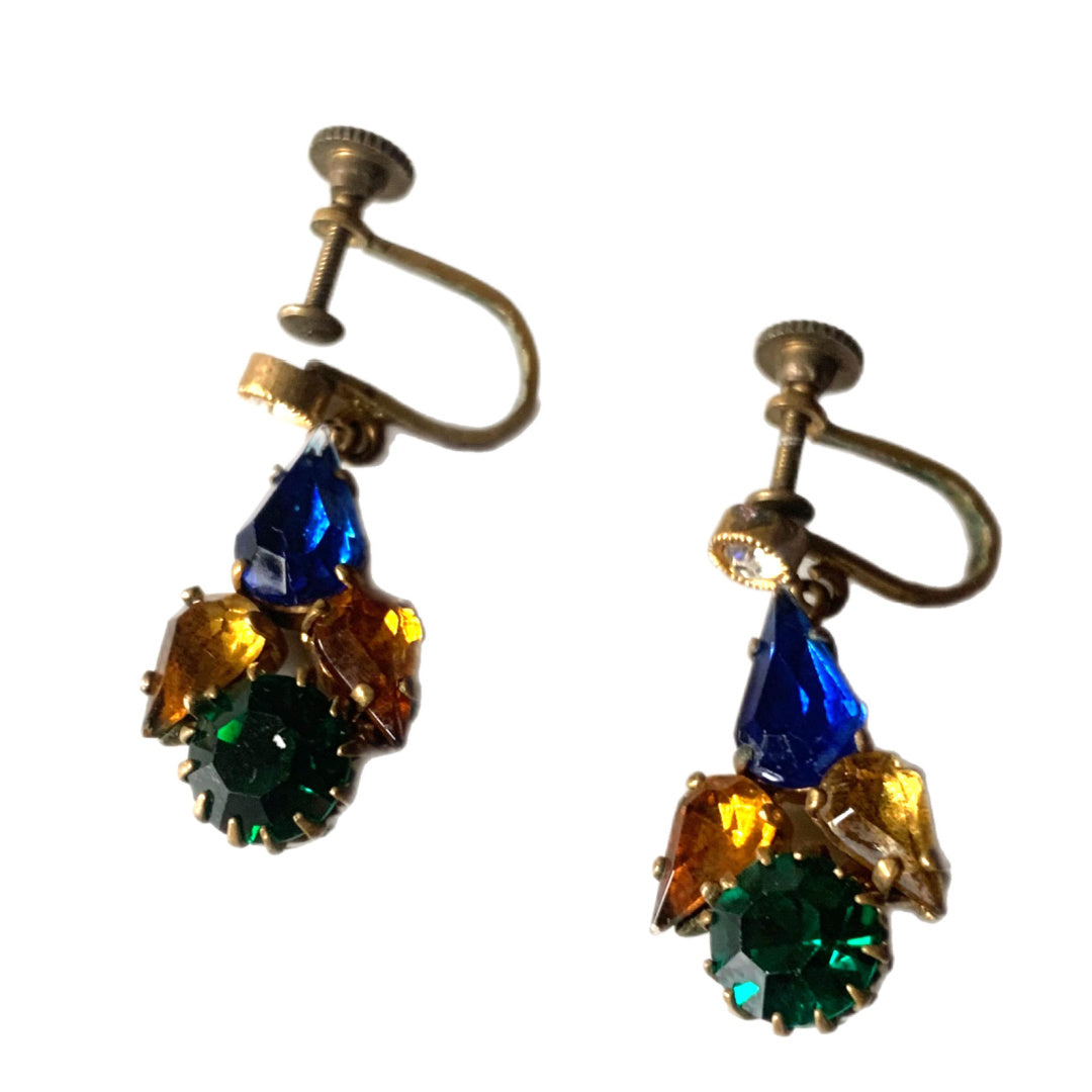 Tear Drop Multicolored Rhinestone Dangle Earrings circa 1940s