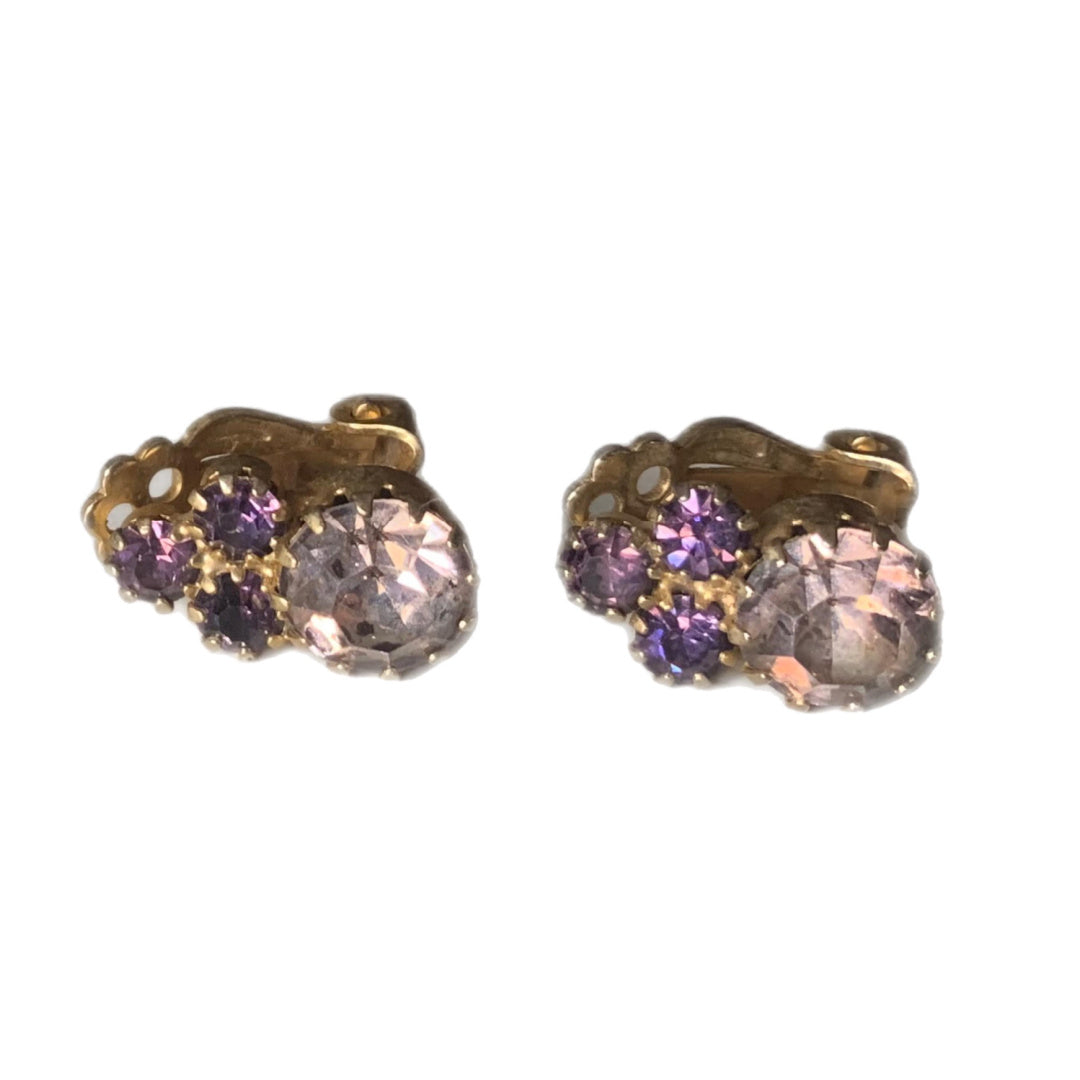 Lavender and Purple Rhinestone Clip Earrings circa 1950s