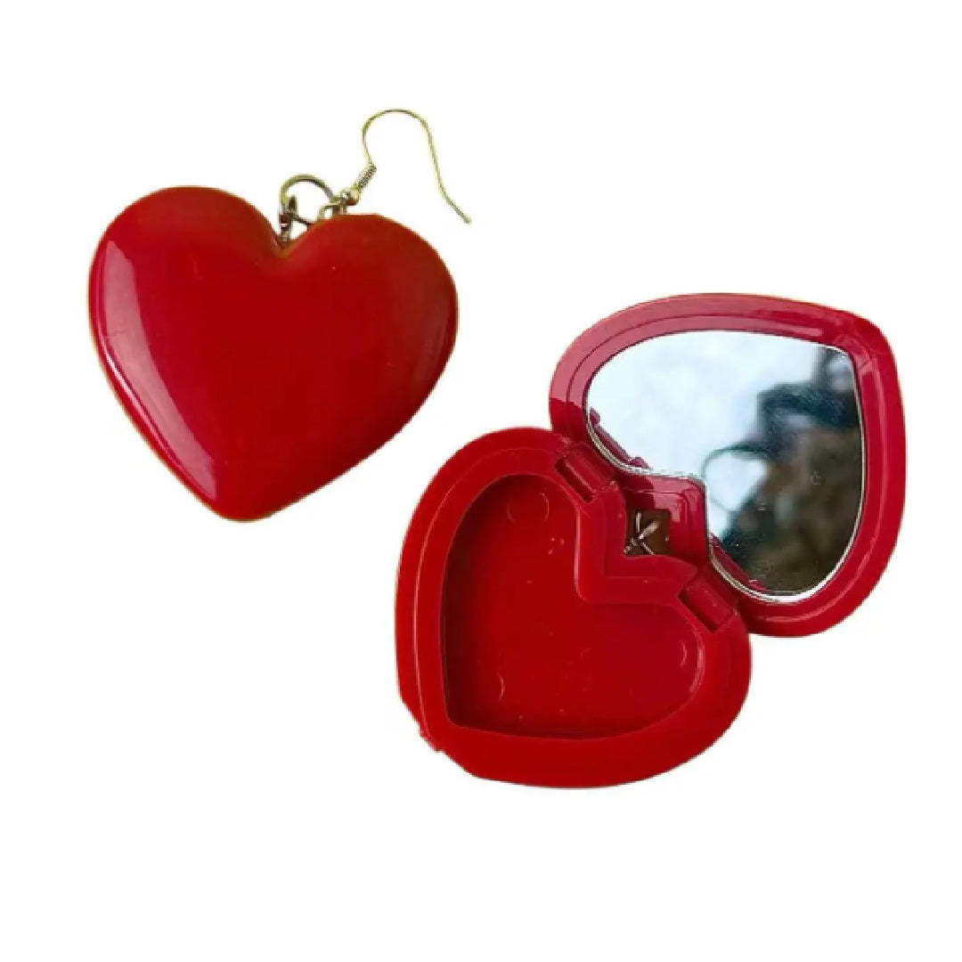 Flip- the Heart Shaped Mirrored Compact Dangle Earrings Pink or Red