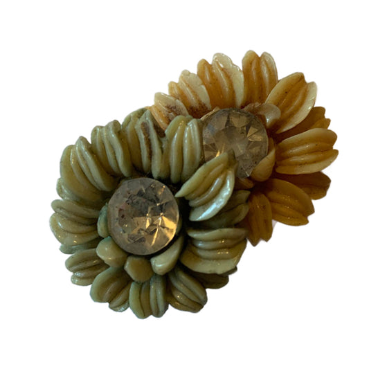 Herb Green and Yellow Rhinestone Dotted Celluloid Flower Fur Clip circa 1930s