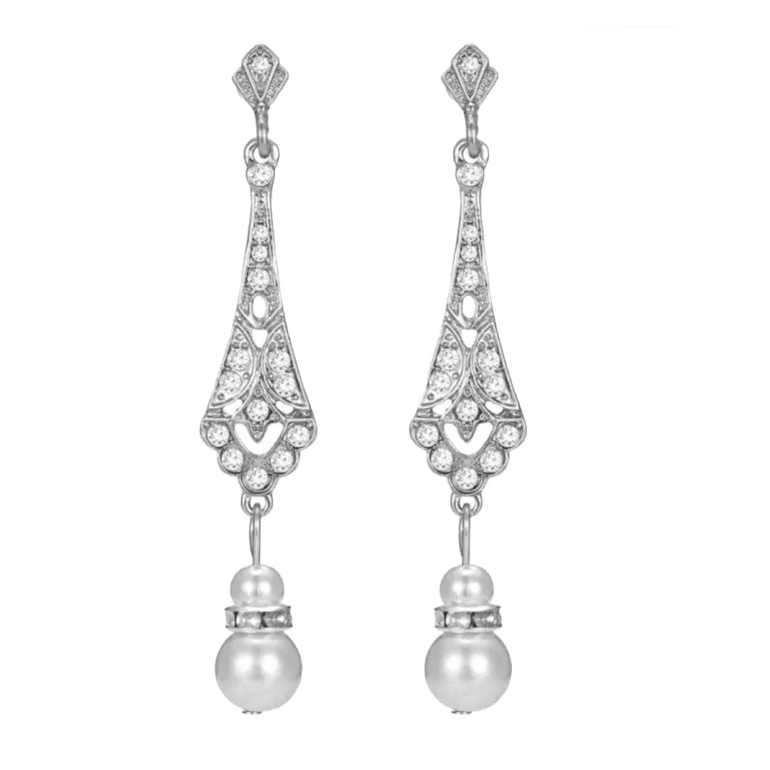 Daphne- the Rhinestone Filigree Dangle Drop Earrings with Faux Pearls 8 Colors