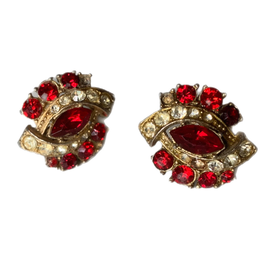 Fiery Red Rhinestone Earrings circa 1940s