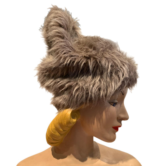 Whimsical Tall Peaked Tan Shaggy Faux Fur Hat circa 1960s
