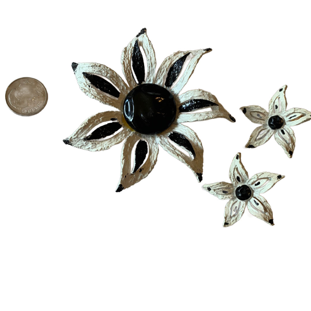 Black and White Etched Metal Flower and Earrings Set circa 1960s