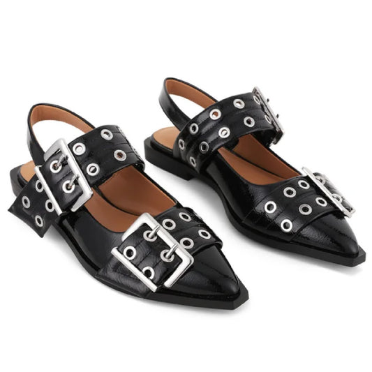 Mooney- the Studded Pointed Toe Strappy Patent Vinyl 1980s Punk Style Shoes 5 Colors