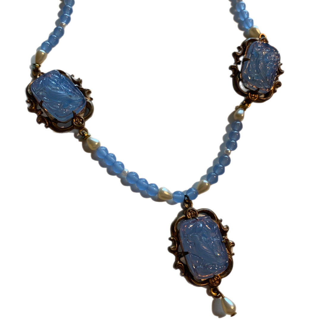 Nouveau Blue Bird Moulded Glass and Seed Pearl Necklace circa 1920s