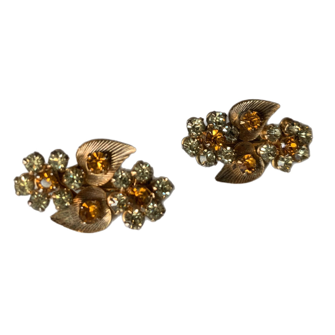 Topaz Colored Tiny Flower Rhinestone Earrings circa 1940s