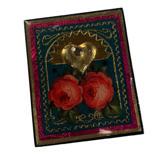Hearts and Roses Signed Collage Art Brooch circa 1980s