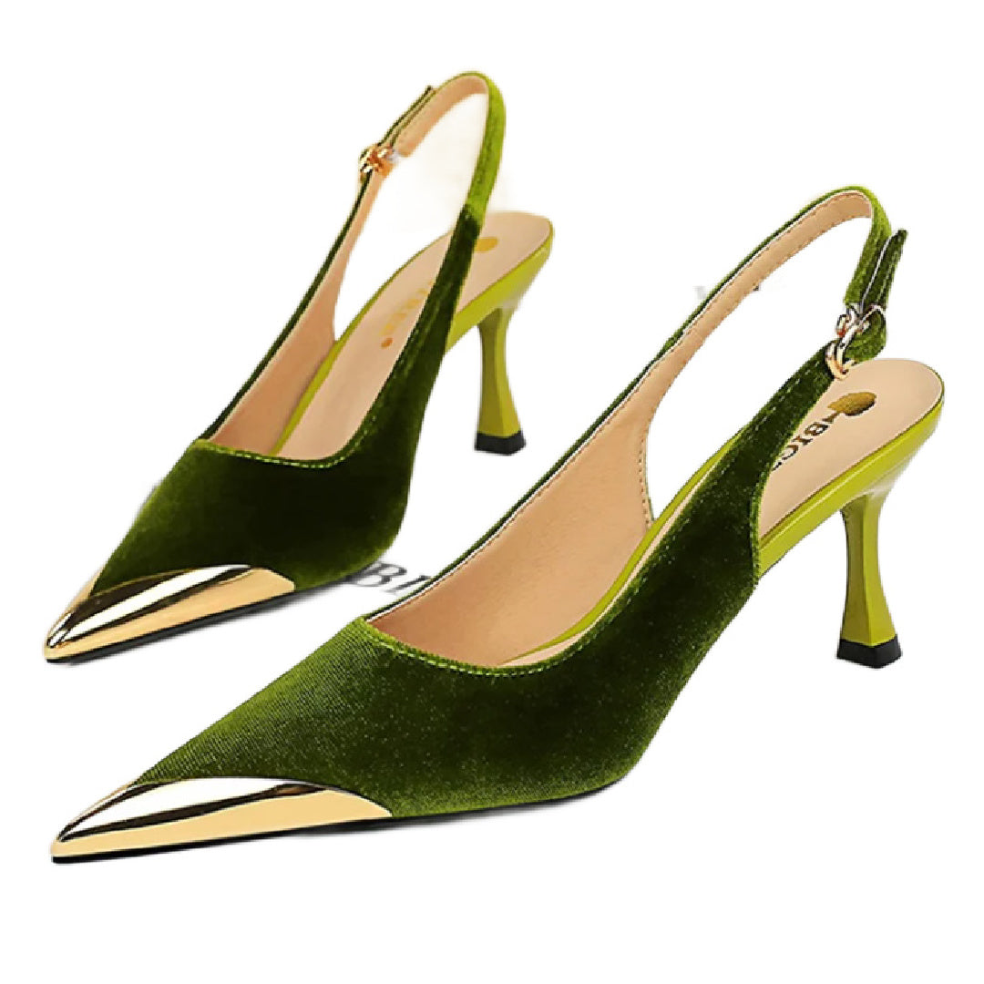 Big Tipper- the Low Heel Velvet Pointed Metal Capped Toe Shoes in Green or Black