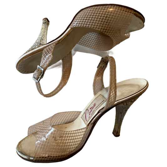 Nude Fishnet Clear Vinyl and Etched Lucite Peep Toe Shoes with Rhinestones circa 1950s 6 N