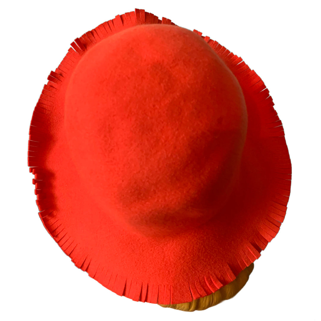 Citrus Orange Felted Wool Hat with Fringed Cut Edges circa 1970s