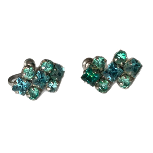 Pale Aqua Blue Rhinestone Clip Earrings circa 1940s