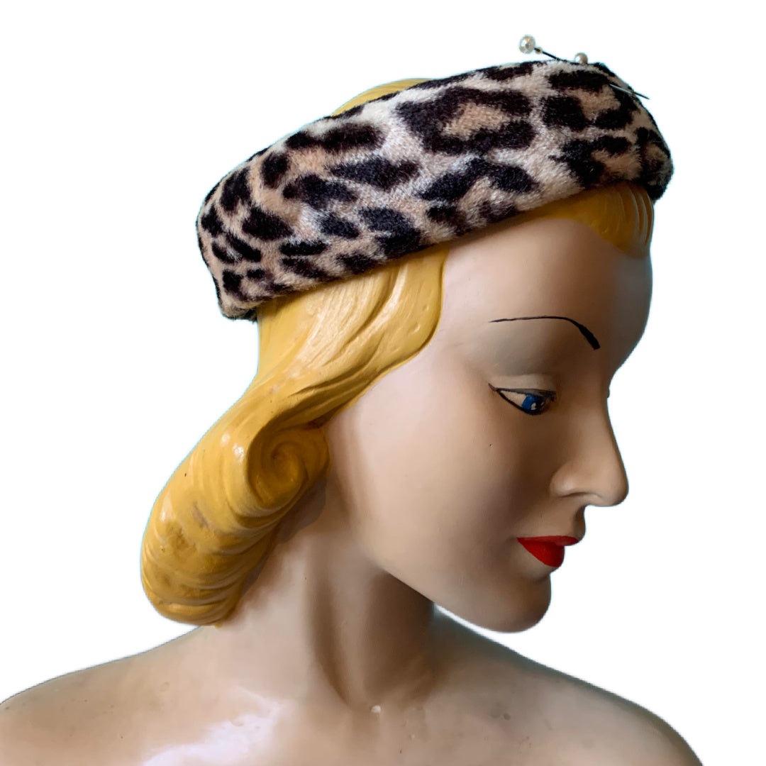 Faux Fur Leopard Print Ring Style Hat circa 1960s