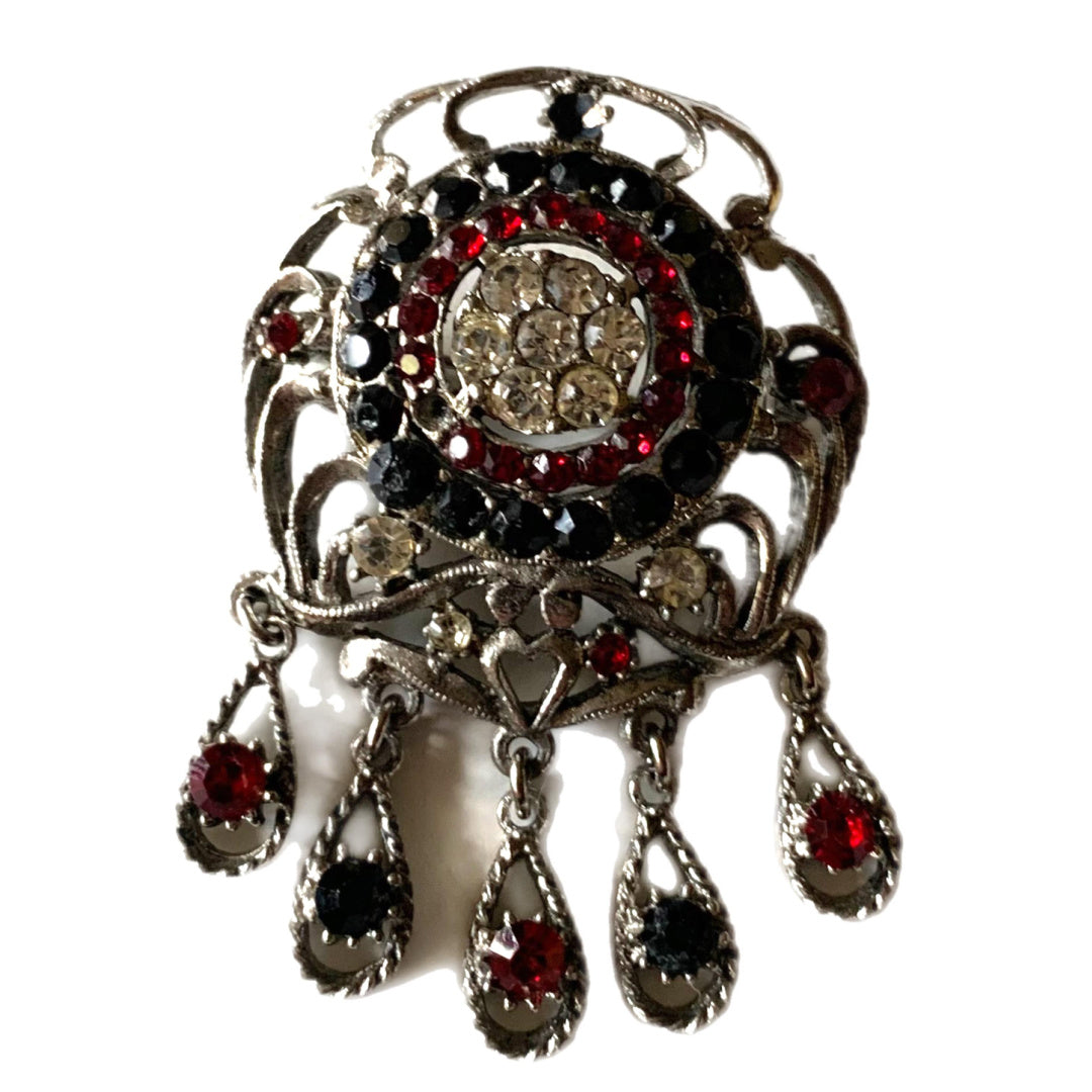 Red, Clear and Black Rhinestone Brooch with Dangling Stones circa 1940s