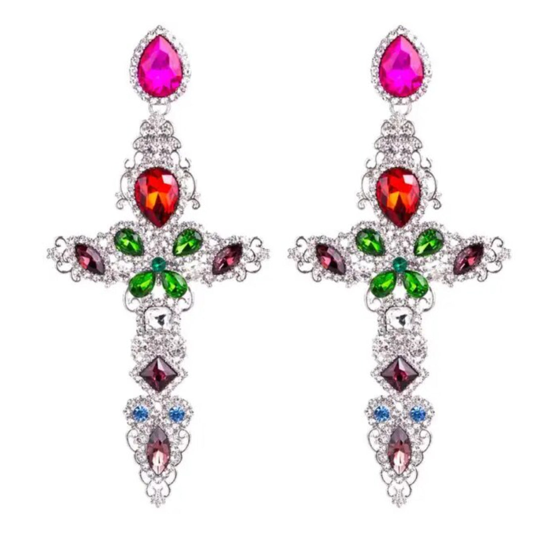 Priestess- the Colored Rhinestone Statement Size Cross Earrings 2 Color Ways