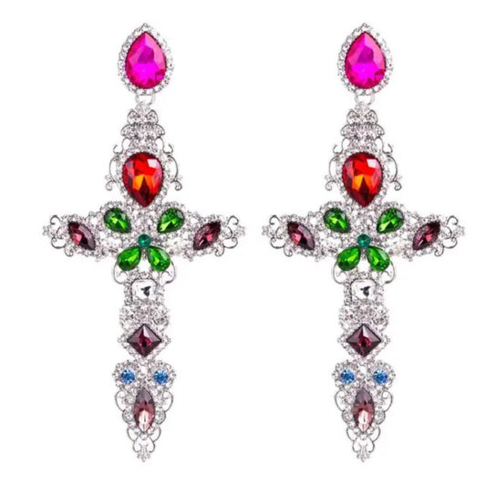 Priestess- the Colored Rhinestone Statement Size Cross Earrings 2 Color Ways