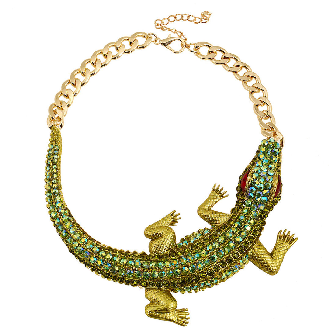 Lizard King- the Green Gator Rhinestone Statement Necklace